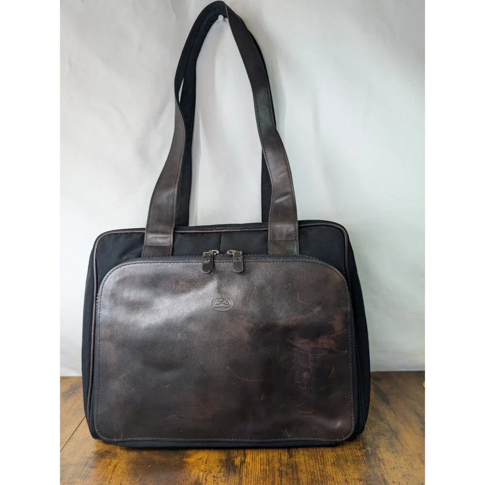 Tony Perotti Lost & Found Leather & Nylon Laptop Bag Tote Briefcase Brown Black